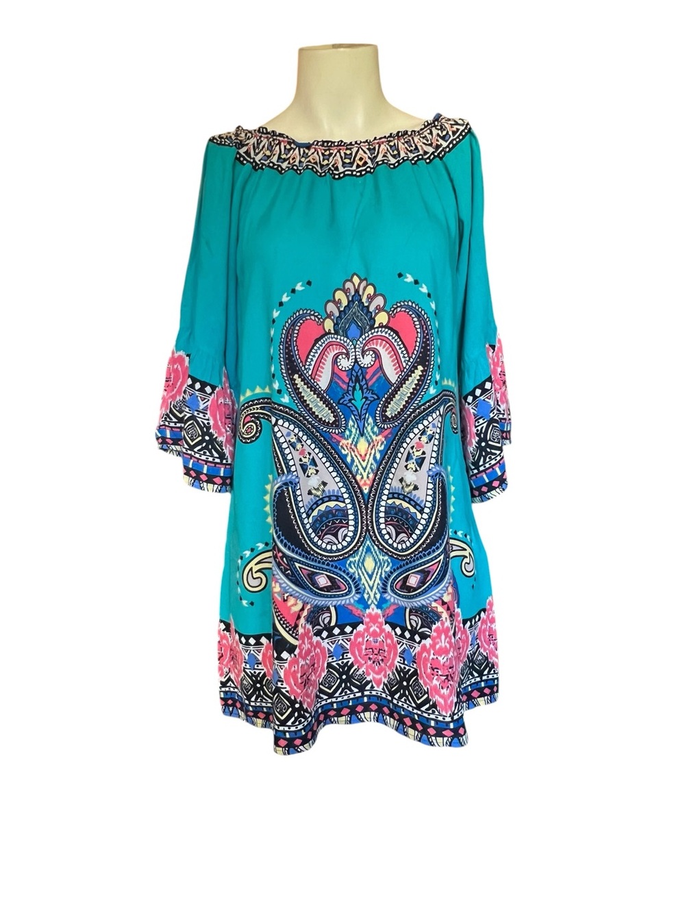 Flying Tomato Turquoise Shift Dress with Pink & Navy Paisley